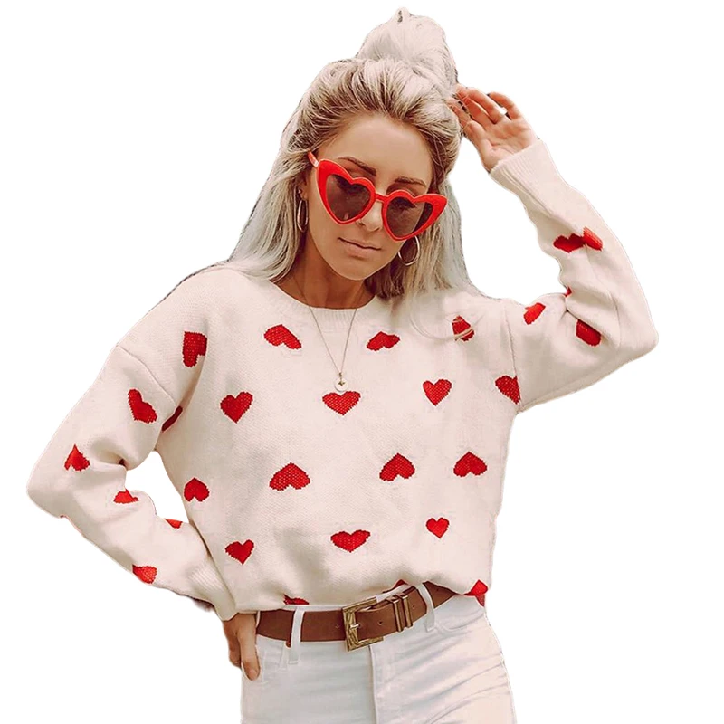 

Женский свитер с принтом сердечек, повседневный Свободный пуловер с принтом сердечек, модная уличная одежда, осень-весна 2021