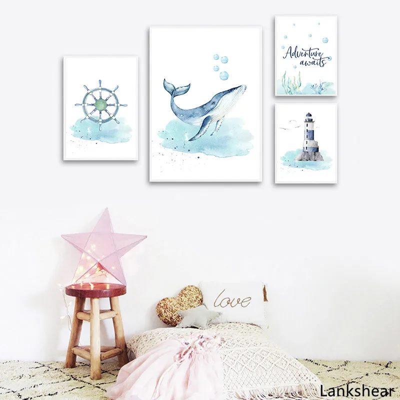 Детский постер с морской тематикой настенная Картина на холсте рисунком Кита