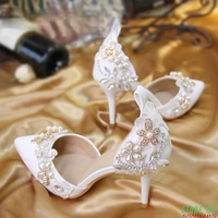 women crystal shoes a sharp word belt small size 33 high heel pearl flower bride bridesmaid princess wedding shoes big size
