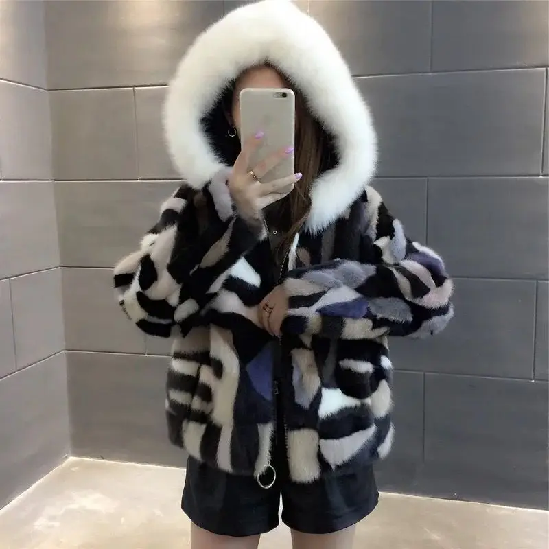 Натуральное меховое пальто 2020 короткое с норковым мехом + лисьим меховым