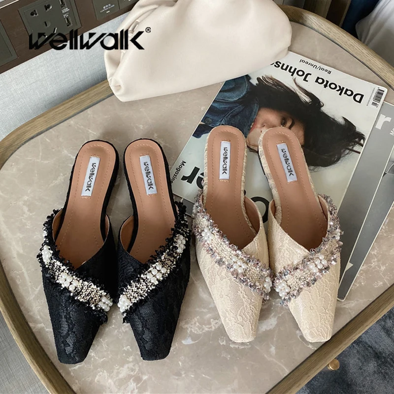 Lace Mules Shoes Women Flat Slippers Pearl Decoration Pointed Toe Female Fashion Slides Slip On Ladies Summer Autumn Loafers | Обувь