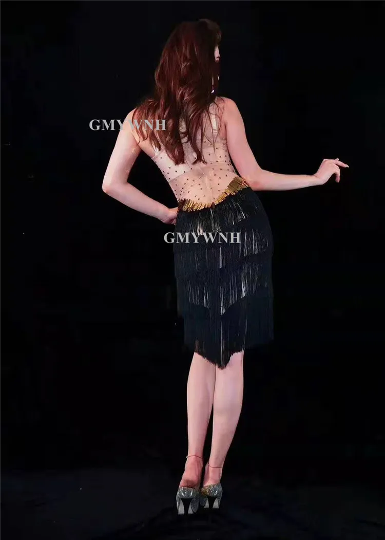 Костюм для бальных танцев A31 платье с кисточками певицы золотистая юбка