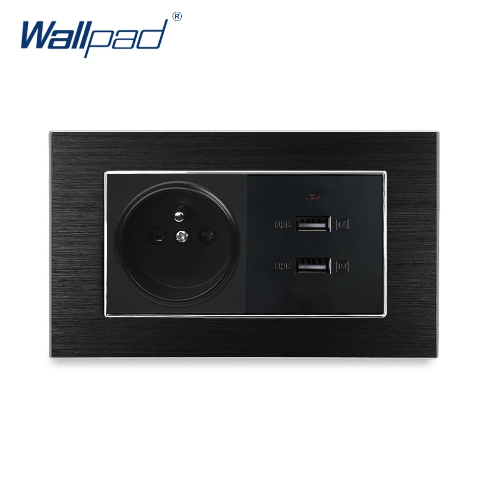 

EU French Socket With 2 USB Charger Wallpad Luxury Wall Outlet Satin Metal Panel 146*86mm 5V 2100MA