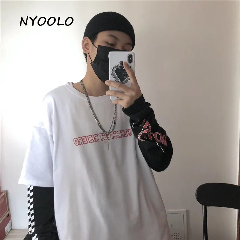 NYOOLO Harajuku винтажный с буквенным принтом фальшивый из двух частей клетчатый лоскутный Топ Осенняя уличная одежда с длинным рукавом Футболка женская мужская одежда