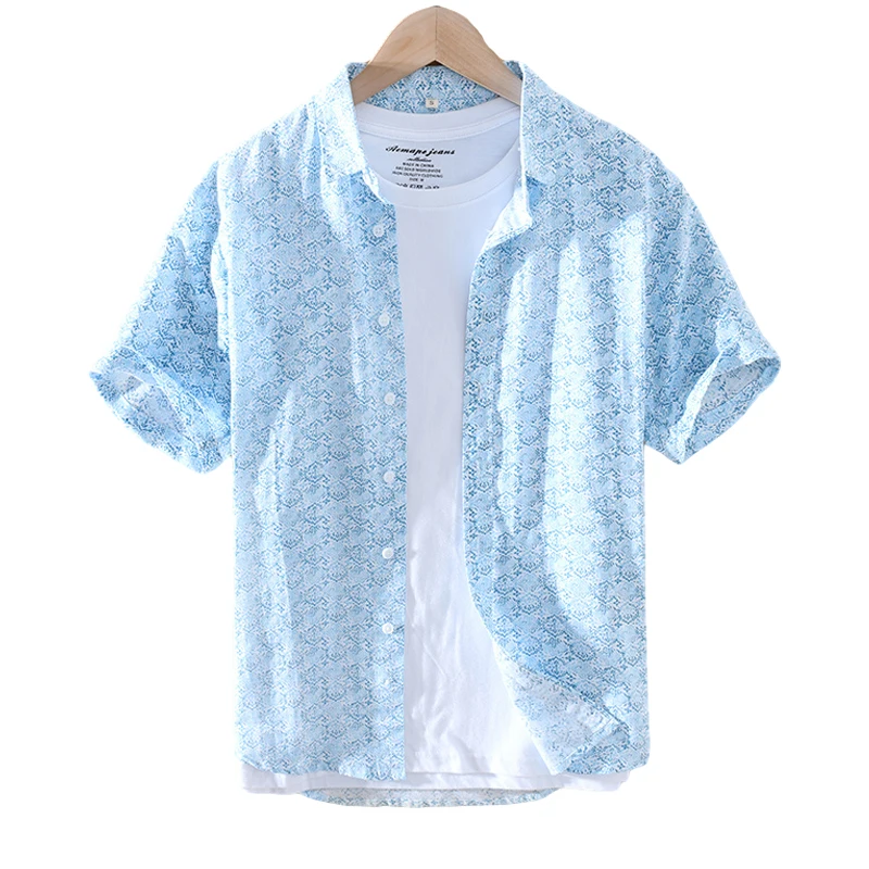 

Men Summer Shirts Turn-down Collar Short Sleeve Casual Tops Cotton Linen Japanese Fashion Print Slim Fit Clothes 2021 New
