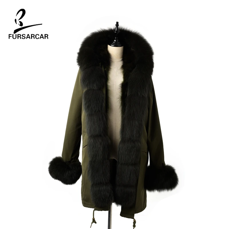 FURSARCAR Amy зеленая парка с черным меховым воротником женские куртки капюшоном и