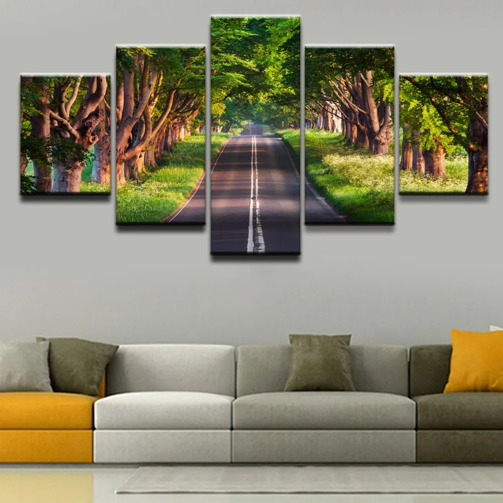 Printed Painting Children'S Room Decor Poster Wall Art Modular Framework 5 Panel Grass Road Scenery Tree Pictures Canvas | Дом и сад