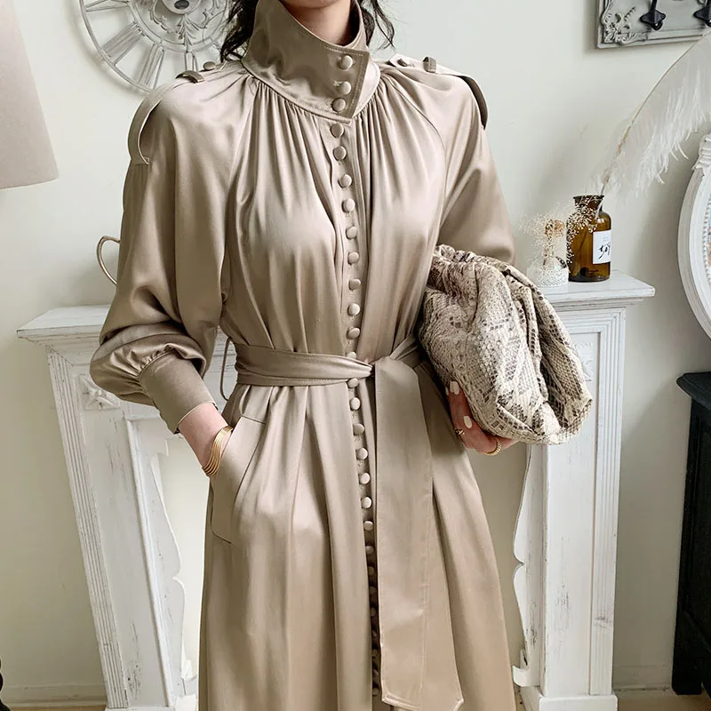 

Women Stand Collar Single Breasted Lantern Sleeve Dresses Korean Style A-line Woman Vintage Bandage Dress 2021 Vestidos Mujer