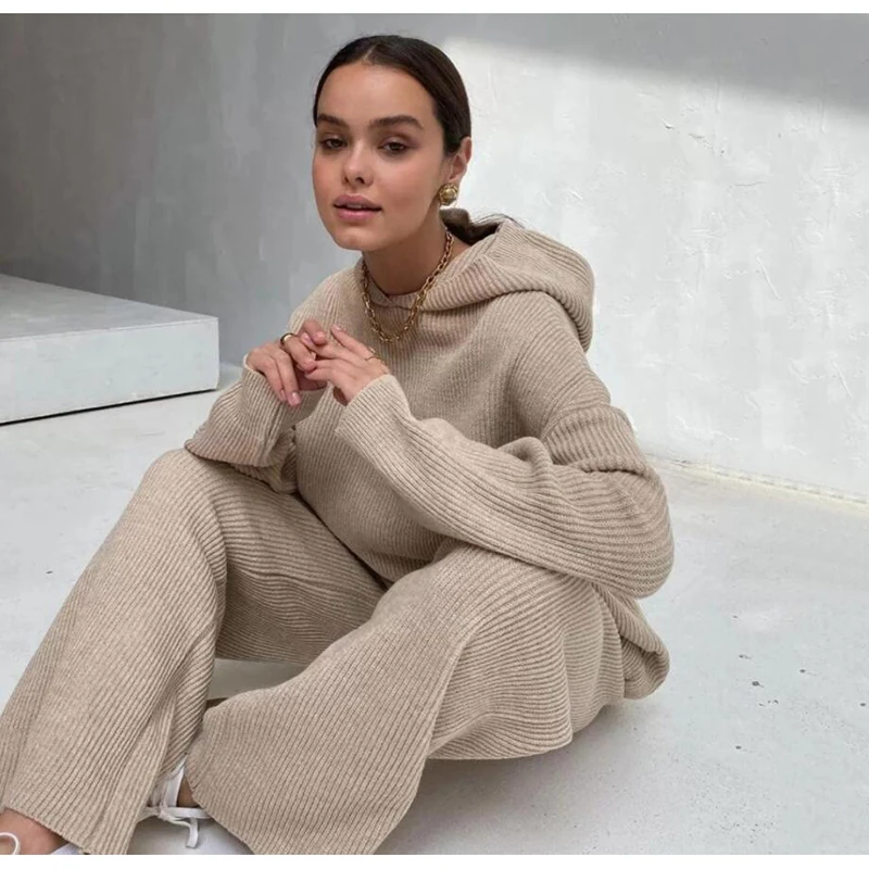 

Autumn Winter Women's New Fashion Sports Sweater Set Two-piece Set Solid Hooded Tracksuit Hoodies Set