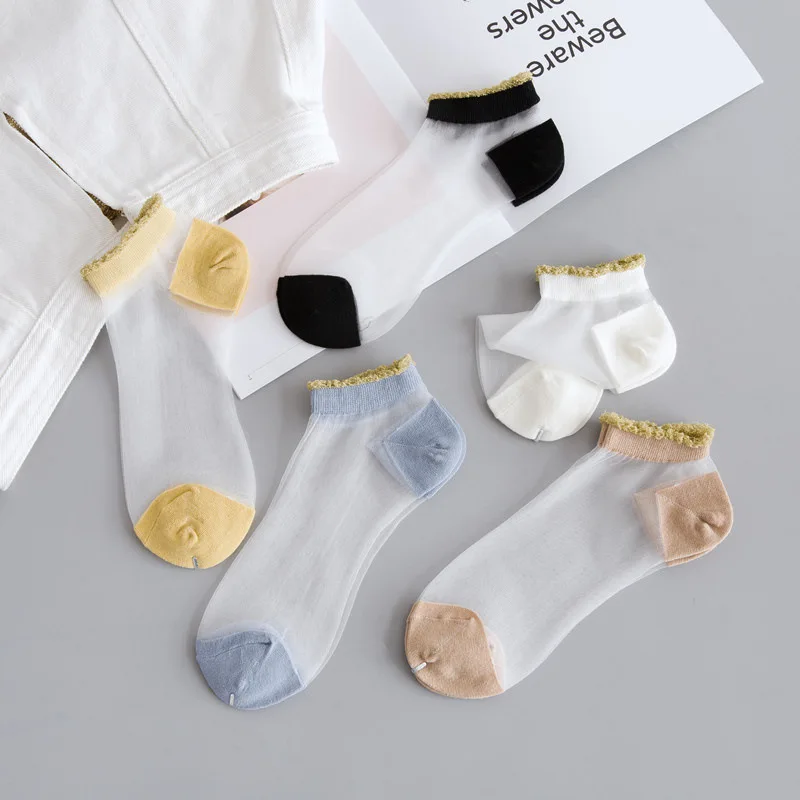 

5 Pairs/Lot Lace Edge Crystal Silk Transparent Ultra Thin Women's Socks Shallow Mouth Japanese Style Boat Socks in Summer