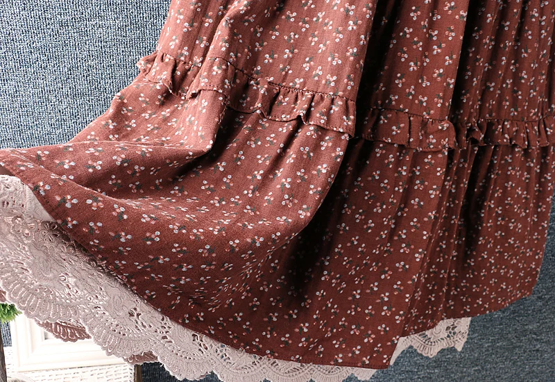 

2021 New Spring Women Skirt Mori Girl Elastic Waist Cotton linen Print Lace Skirts Women