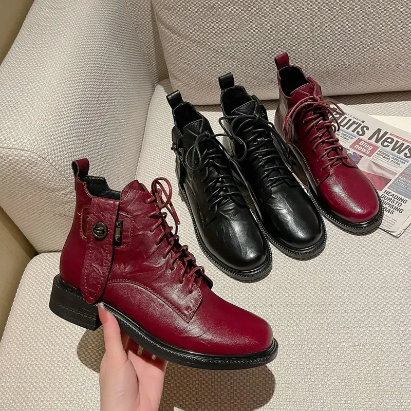 

ZawsThia зимняя крутая женская обувь из натуральной коровьей кожи в стиле панк черного бордового цвета на шнуровке женские мотоциклетные ботил...