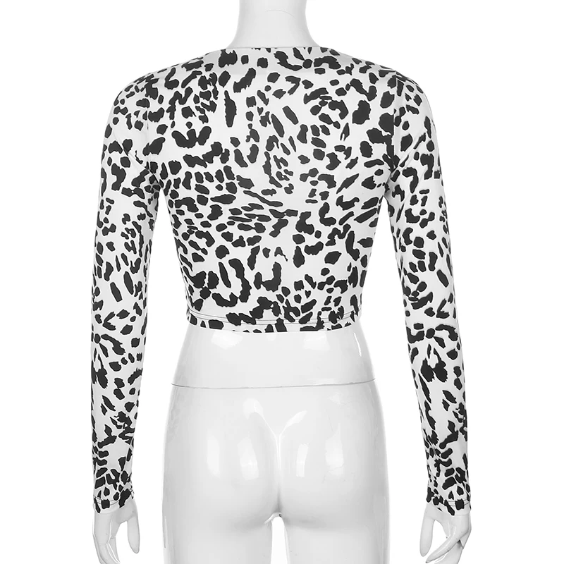 

Skinny Tie Dye Y2K Crop Top Fashion Women T Shirt Harajuku Slim Milk Cow Print V Neck Long Sleeve Button Up Sexy Tee Streetwear