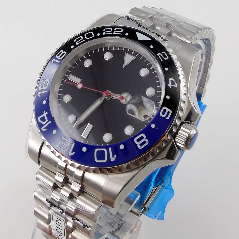 

BLIGER синие Черные вставки NH35A PT5000 автоматические мужские часы Красная секундная стрелка Nologo циферблат Юбилейный ремешок сапфировый кристалл