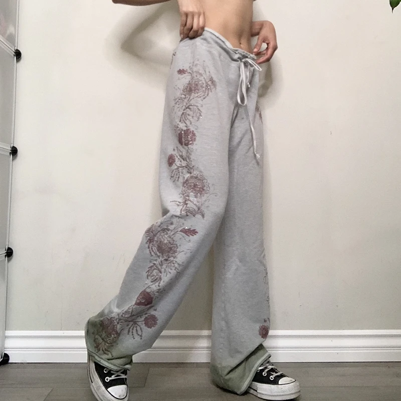 

Grunge Goth Harajuku Loose Baggy Pants Vintage Floral Print High Waist Sweatpants Women Autumn Straight Wide Leg Trousers