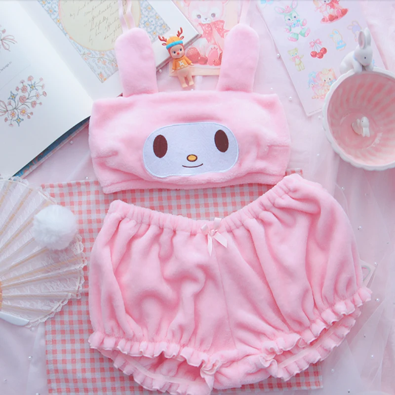 

2021 Sweet Soft Velvet Bra and Bloomers Set Cute Sleepwear For Teenagers Women Pink Home Warm Clothing Kawaii Pajamas Pj Shorts