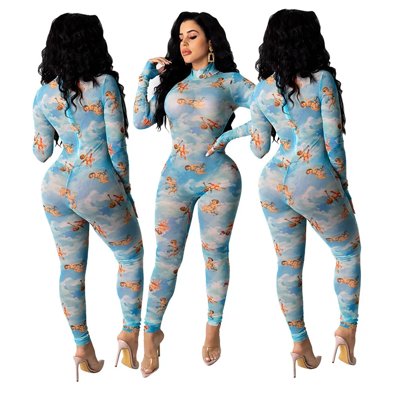 

Colorful Print Sheath Bodycon Slim-fit Rompers 2020 Fashion Night Club Sexy Women O Neck Full Sleeve Perspective Long Jumpsuit