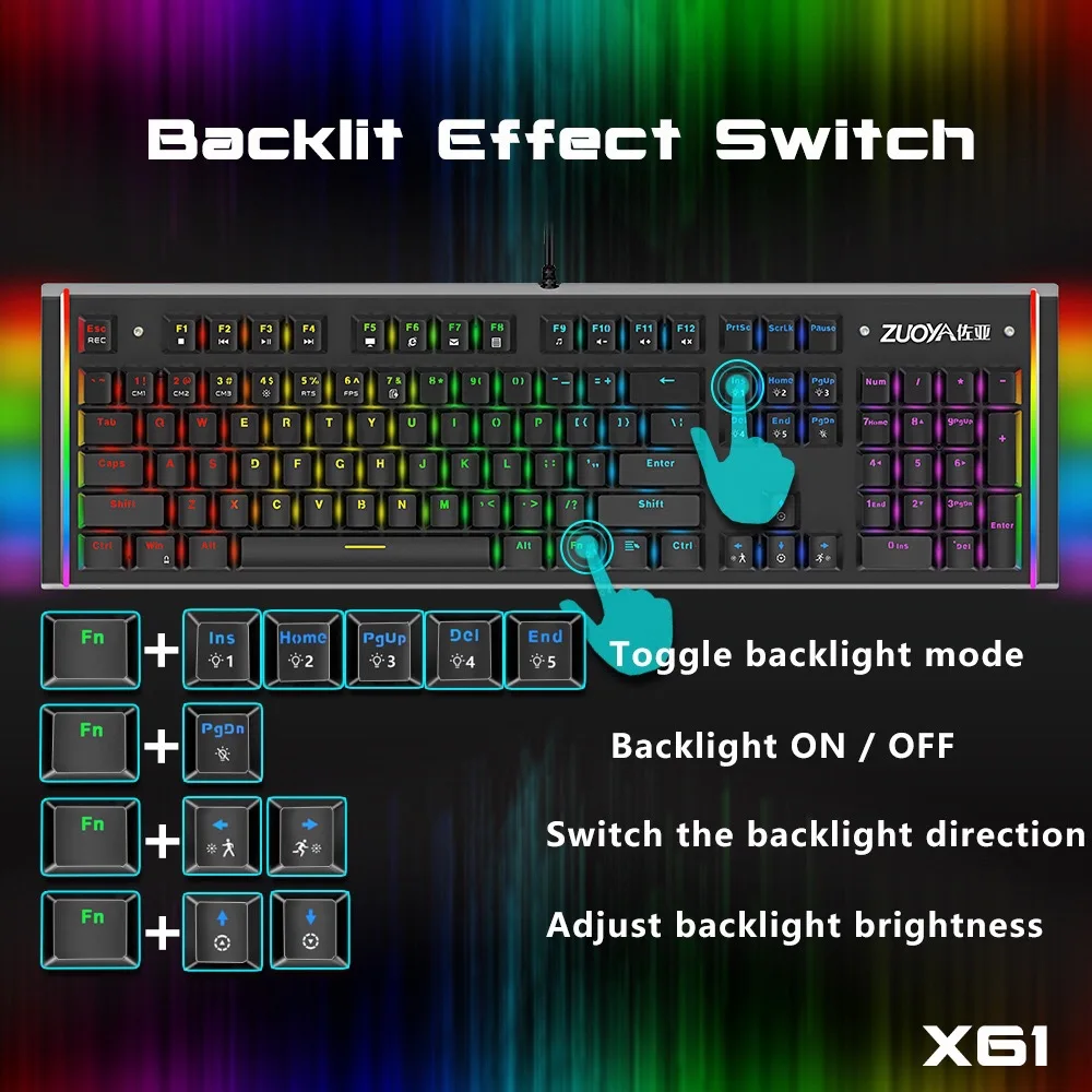 Игровая консольная клавиатура Zuoya x61 зеленая и красная оси светящаяся RGB