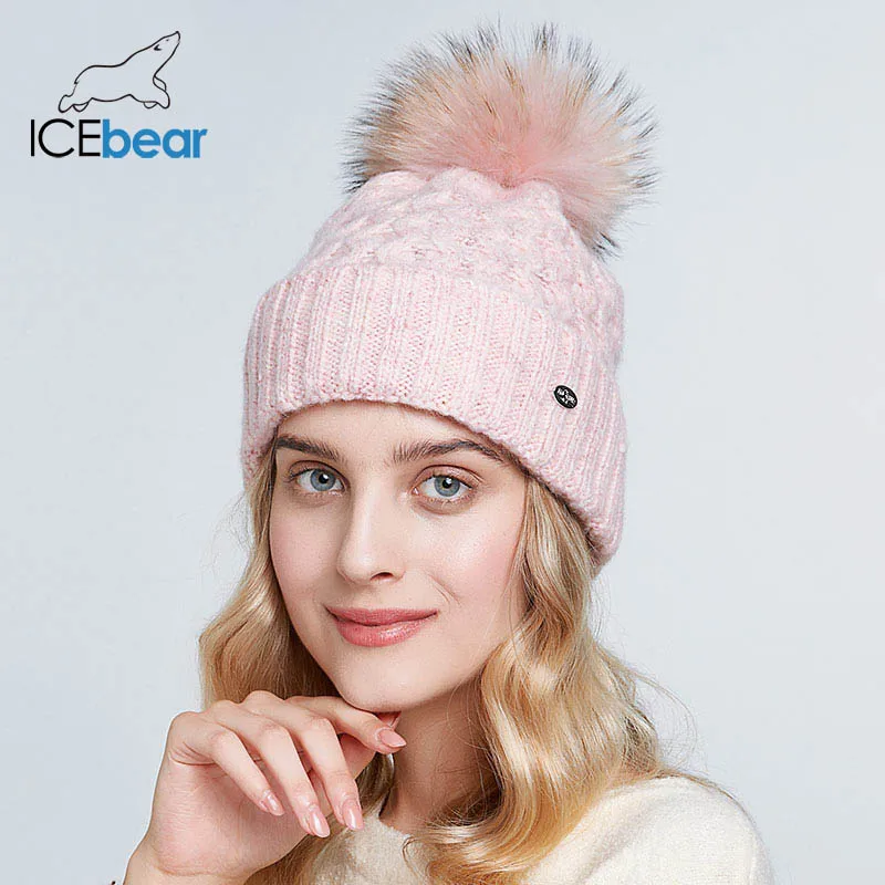 ICEbear зимние шапки для женщин натуральный мех помпон шапка теплые осенние вязаные шапки для женщин модные вязаные шапочки Женские шапки E-MX19113Q - Цвет: 11S
