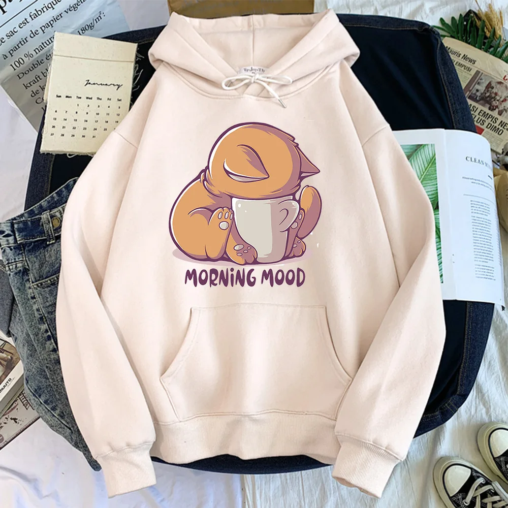 

Cute Fox Printed Hooded Sweatshirts Women Plush Loose Casual Pullovers Big Pockets Autumn Winter Cartoon Hoodies Cartoon Coats