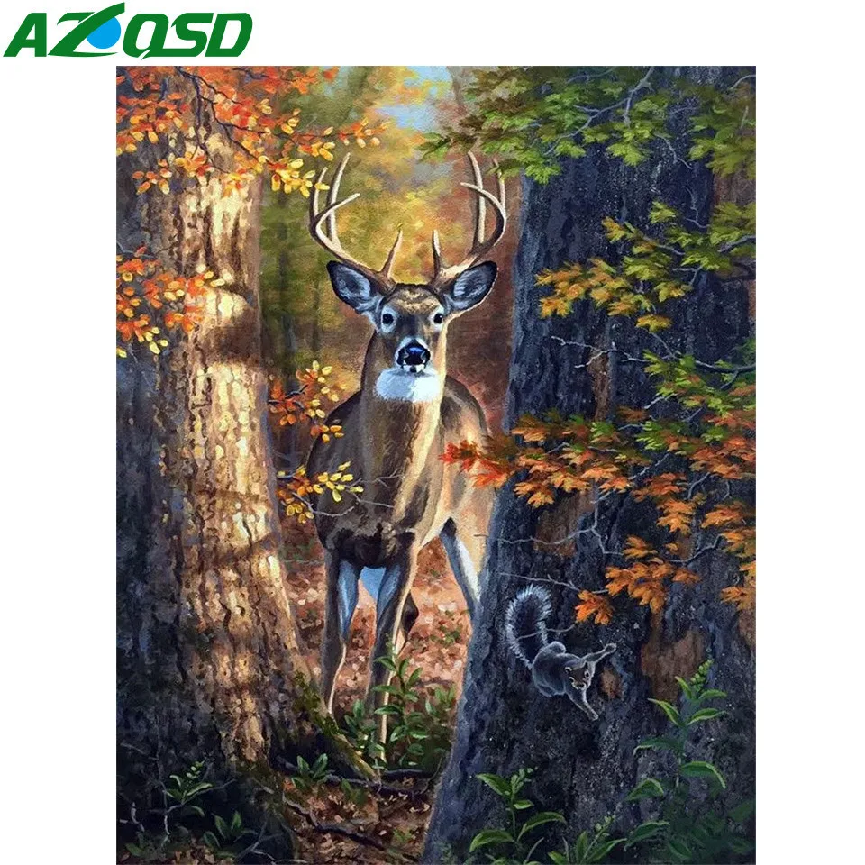 

AZQSD Painting By Numbers For Adults Deer HandPainted Home Decor Drawing By Numbers Animal Forest Wall Art 60x75cm Framed