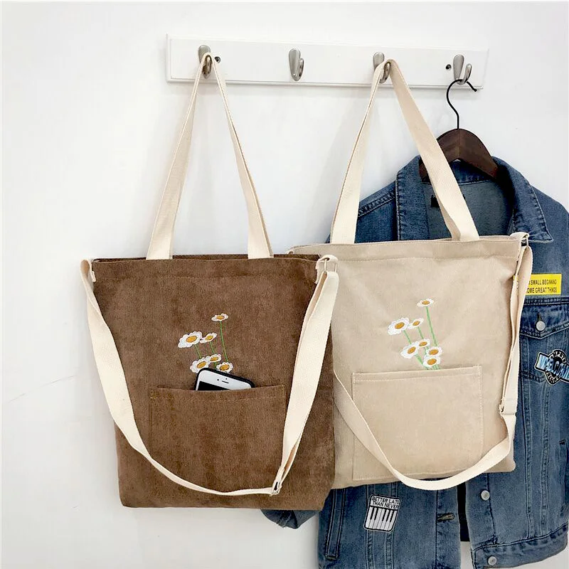 

Women Shoulder Bag 2021 Cute Corduroy Tote Bag With Zipper Girl Fashion Shopper Handbags Embroidery Small Daisies Crossbody Bags