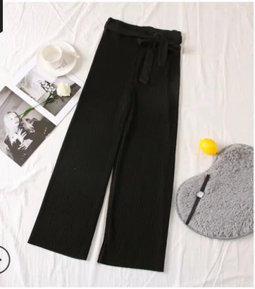 Korean Autumn Wide Leg Pants Women Casual High Waist Pants with Bow Belt 2022 New Pleated Pant Trousers