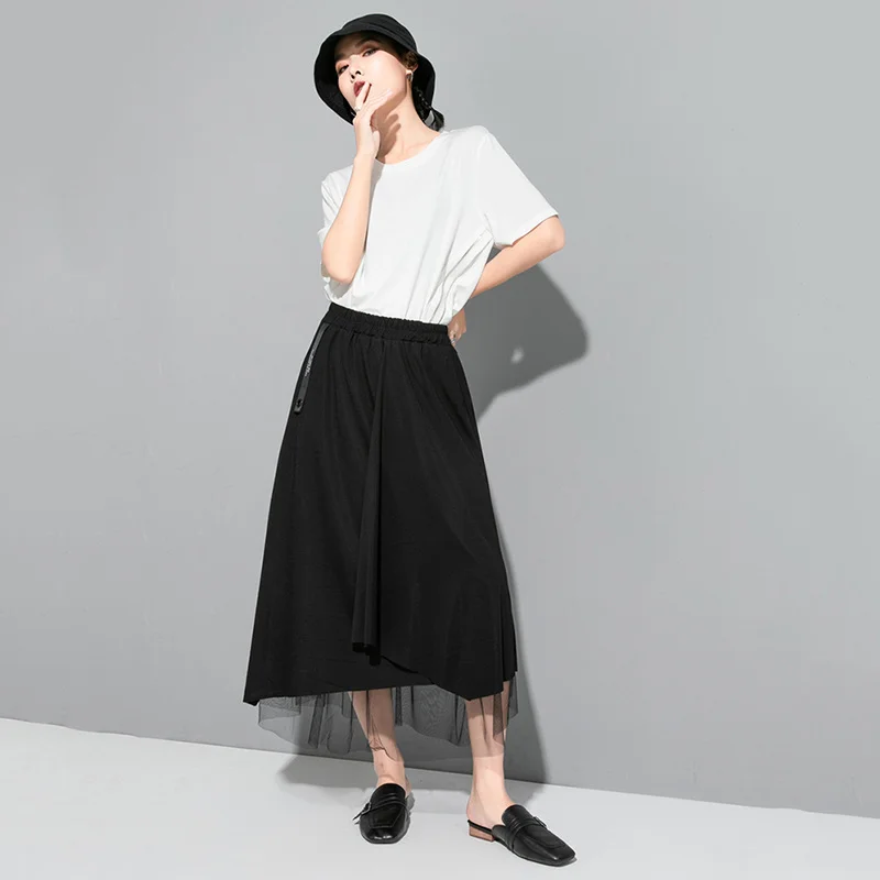 

[EAM] High Elastic Waist Black Vent Irregular Mesh Split Long Half-body Skirt Women Fashion Tide New Spring Autumn 2021 1U508