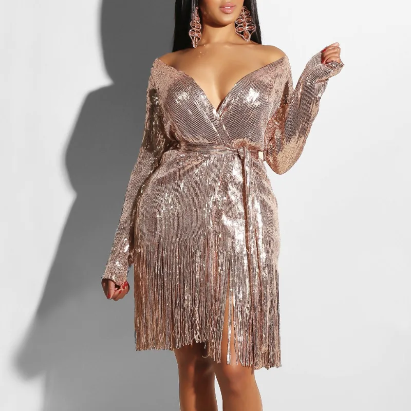 

Up Deep V-neck Sparkling Lace Long Sleeve Sexy High Slit Tassel Loose 2XL Four Color Solid Party A-Line Dress
