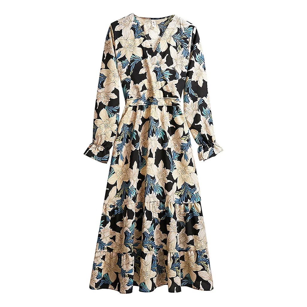 Женское платье летнее повседневное модное с цветочным принтом длинным рукавом