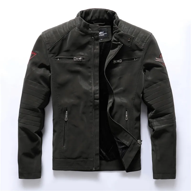 

High Quality Mens Faux Leather Jacket Winter Fleece Keep Warm Motorcycle PU Leather Jackets Male Multi-pocket Embroidered Jacket