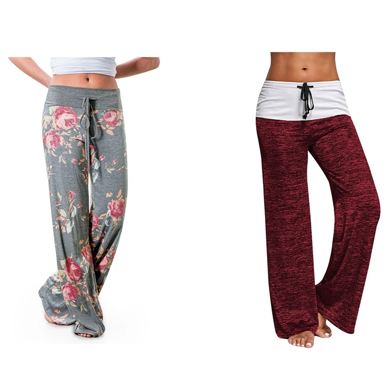 

Women Trousers Wide Leg Pant Light Gray Size XL & Women Loose Pants Casual Solid Drawstring Wide Leg Pants Wine Red XL