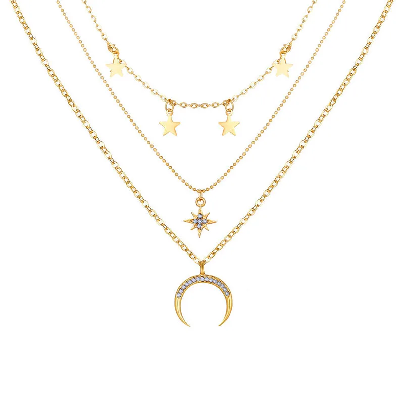 

Ladies Korean Fashion Five-Pointed Star Pendant Clavicle Chain Creative Retro Eight-Pointed Star Crescent Three-layer Necklace