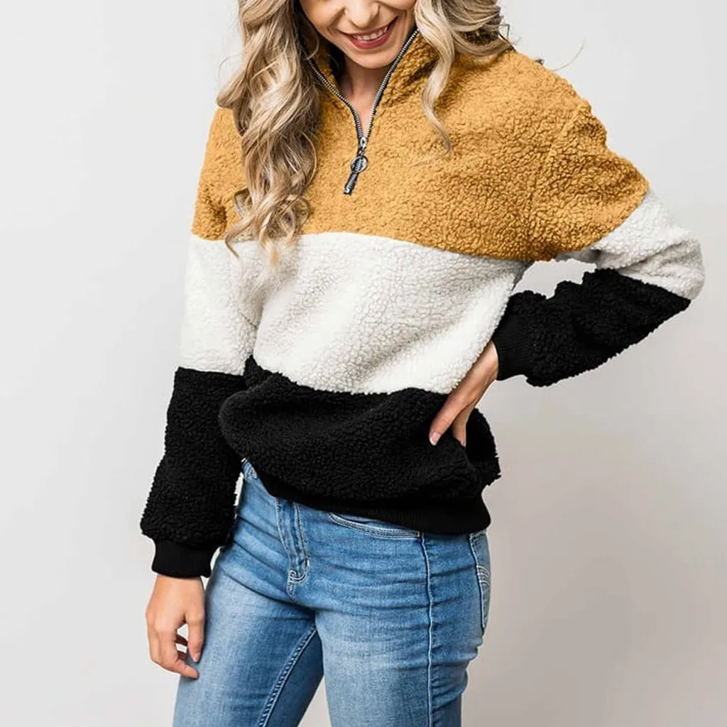 Модные женские Лоскутные толстовки с длинным рукавом на молнии длинными