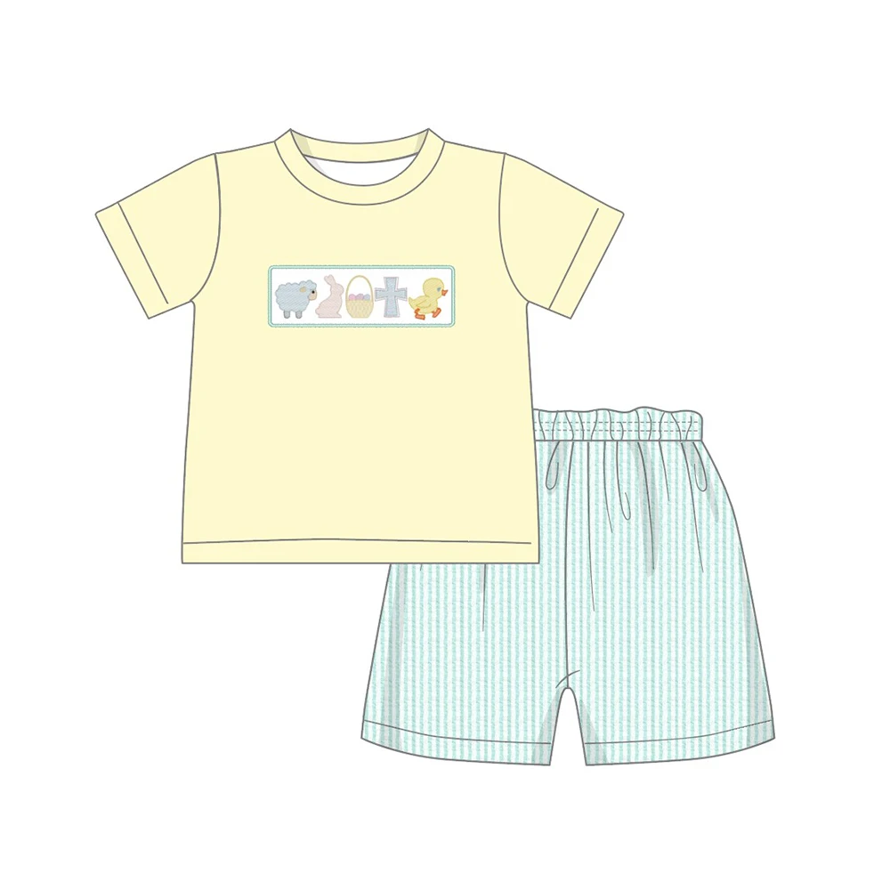 

Summer Clothes Yellow Short Sleeve Top And Green Vertical Stripes Shorts Easter Duck And Bunny Embroidery Pattern Boys Clothes