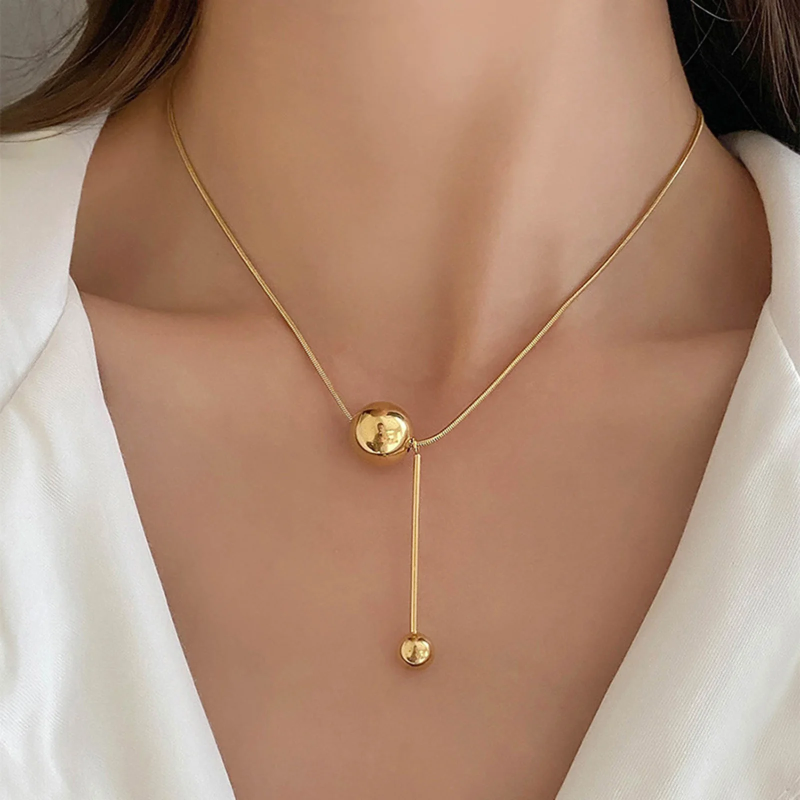 

Y Necklace, Ball Choker Collar, Stainless Steel Chain Link, Geometric Minimal Gift for Her