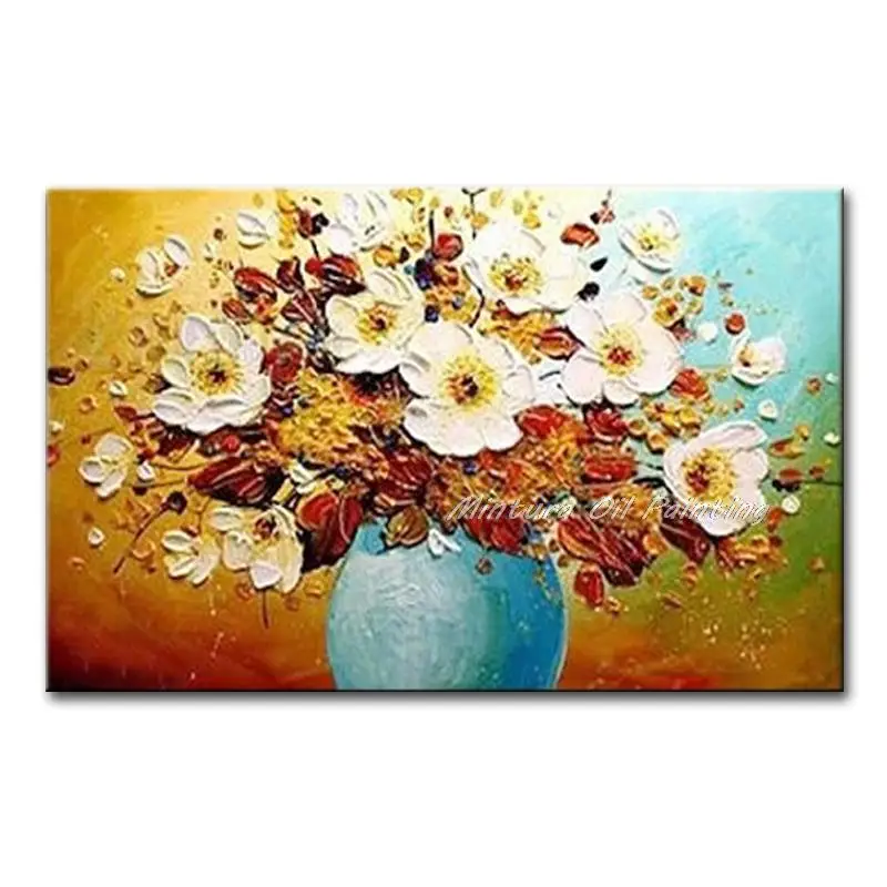 

Mintura Hand Painted Thick Texture Flowers Oil Painting On Canvas Modern Abstract Thick Art Pictures For Living Room Home Decor