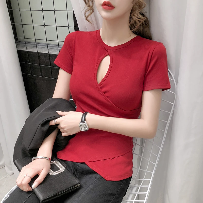 

Fashion European Cotton T-shirt Female 2021 New Short-Sleeved Thin Personality Round Neck Top All-match Sexy Hollow T-shirt