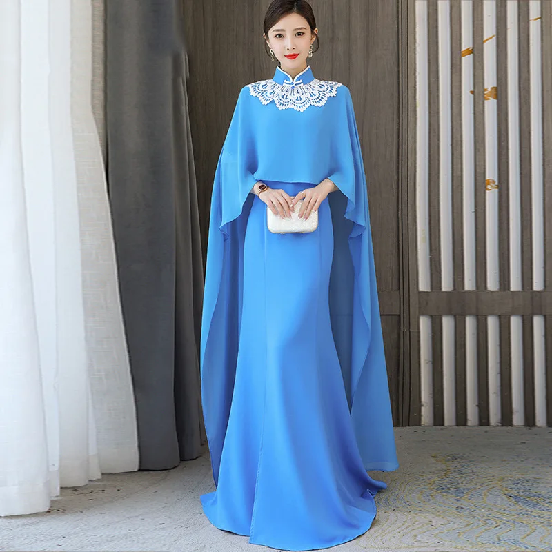 

Элегантное женское китайское традиционное кружевное платье Ципао с воротником-стойкой, классическое приталенное длинное платье на пугови...