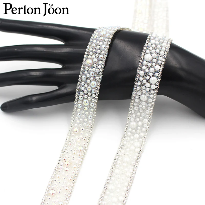 

1yards New white AB color pearl decoration rhinestone trim hot fix ribbon bridal wedding shoes decoration accessories TR113