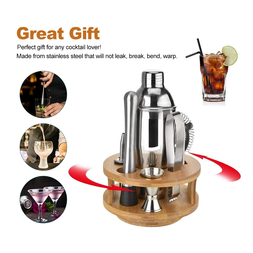 

10pcs Gift Barware Professional Stainless Steel Bartender Cocktail Shaker Set Party Anti Rust Drink Mixing Kitchen Wood Stand