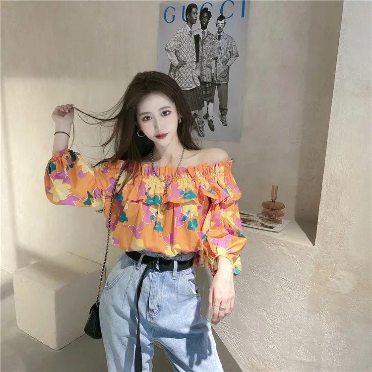 

Loose Off Shoulder Blouses Summer Style Korean Clothes Women's Clothing Shirts Slash Neck Crop Top Floral Fashion Brand New