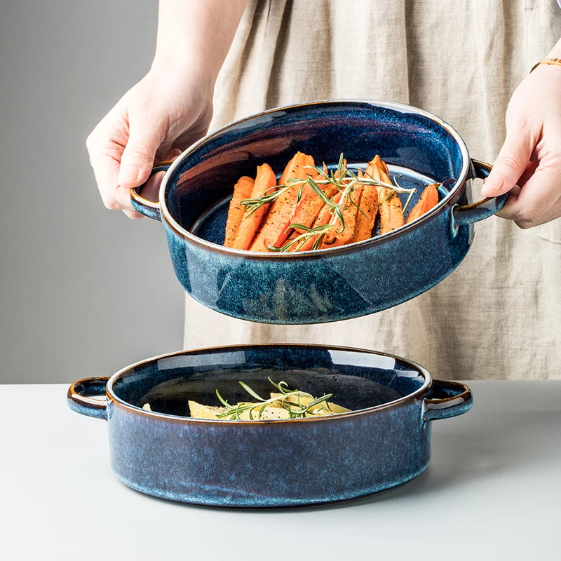 

Retro Blue 7.5inch Ceramic Binaural Bowl Creative European Large Noodle Plate Pasta Pizza Pan