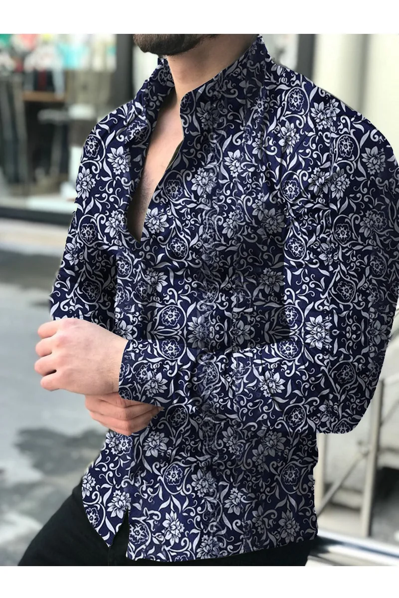 2021 Fall Retro Men's Long Sleeve Floral Shirt Fashion Slim Floral Print Men's Casual Shirt