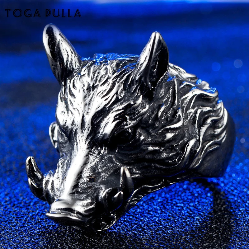 

Domineering 316L Stainless Steel Wild Boar Men Rings Sus Scrofa Punk Biker Ring Male Animal Jewelry Size 7 to Size 15