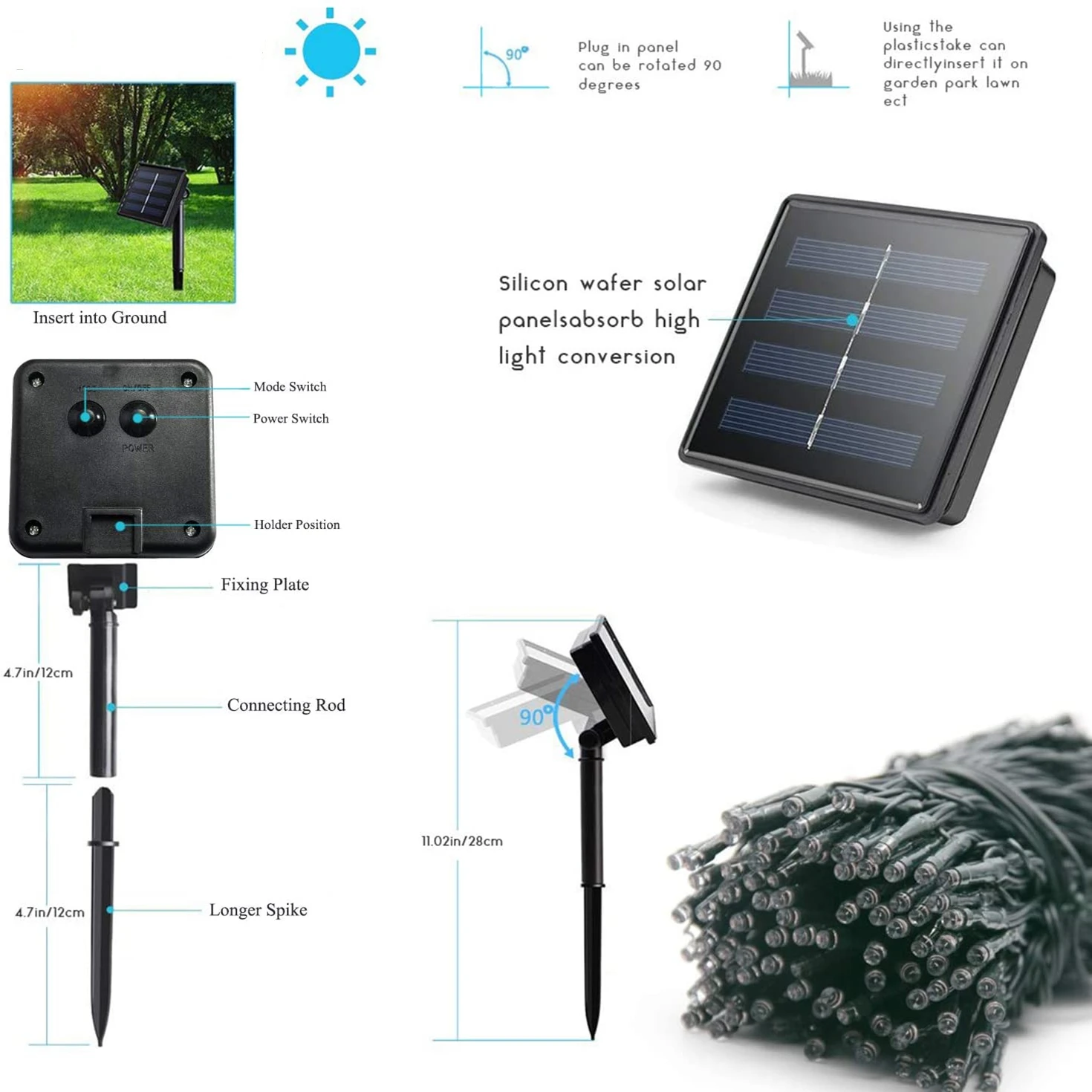 Светодиодные гирлянды на солнечных батареях 8 режимов наружные