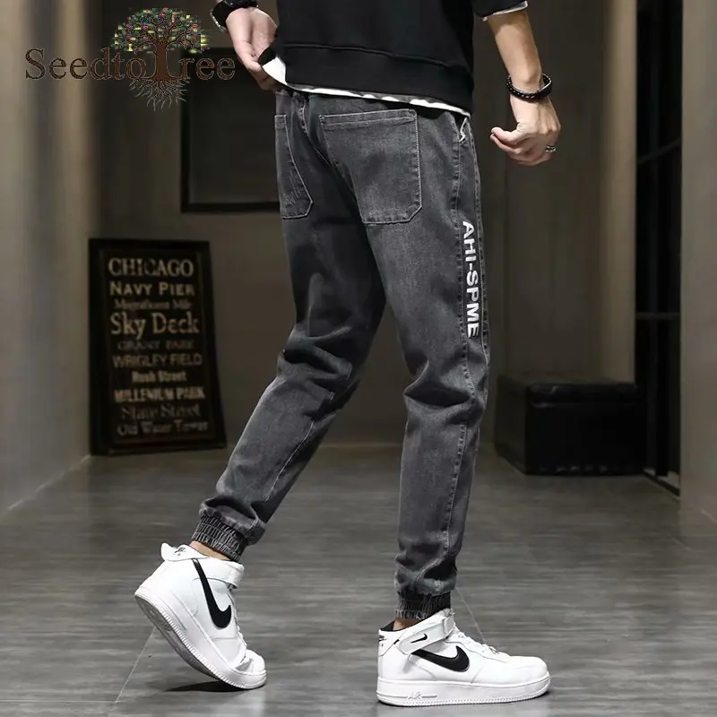 Letter Printing Casual Men's Jeans Overalls Harem Pants Slim Denim Trousers