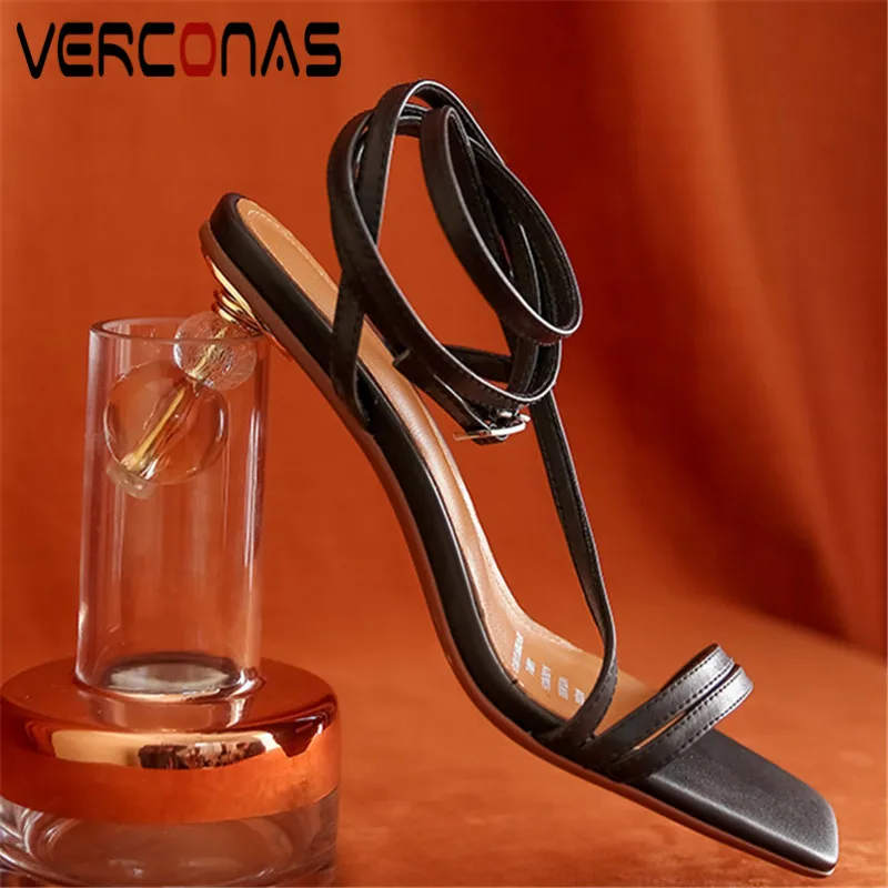 

VERCONAS 2021 Fashion Woman Sandals High Quality Woman Pumps Genuine Leather Summer Square Toe Strange High Heeled Shoes Woman