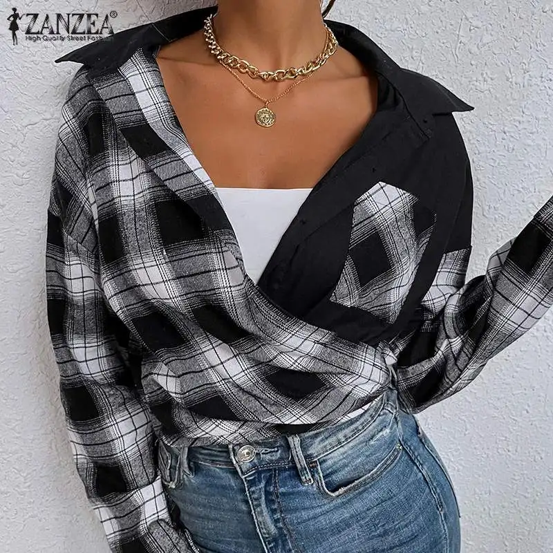 

Женская клетчатая блузка в клетку ZANZEA 2021, осенняя рубашка, винтажные Лоскутные Блузы с длинным рукавом, повседневные топы на пуговицах с отл...