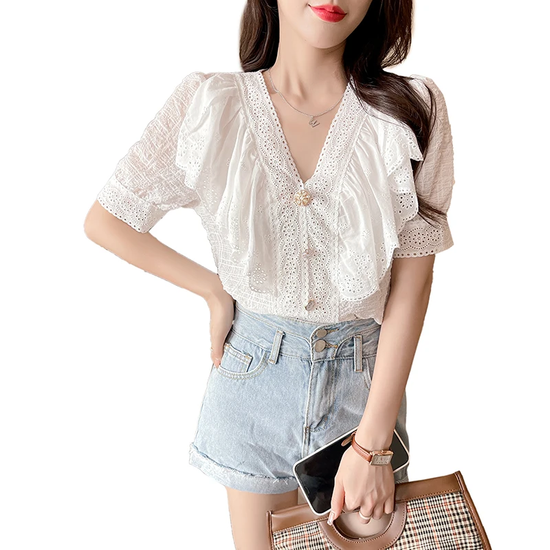 

2021 summer new style pleated slim shirt button folds sweet lace western short-sleeved top women